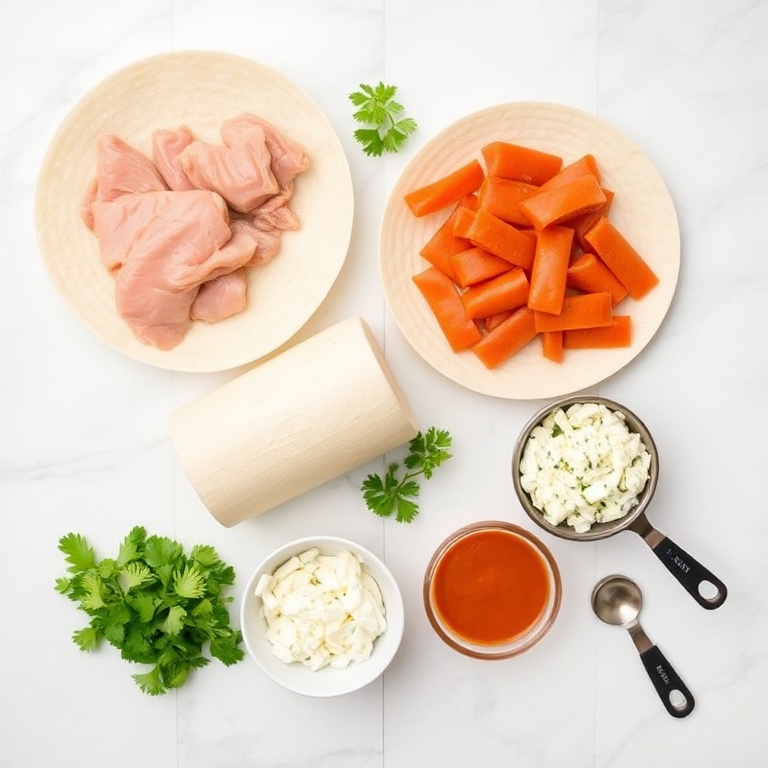 Raw ingredients for baked buffalo chicken taquitos arranged in an overhead flat lay. Chicken breast, tortillas, ranch dressing, blue cheese, and buffalo sauce clearly visible. Measuring spoons and cups nearby. White marble surface. Bright even light