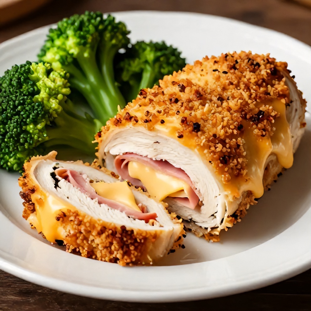 Plated baked chicken roll ups with side of vegetables