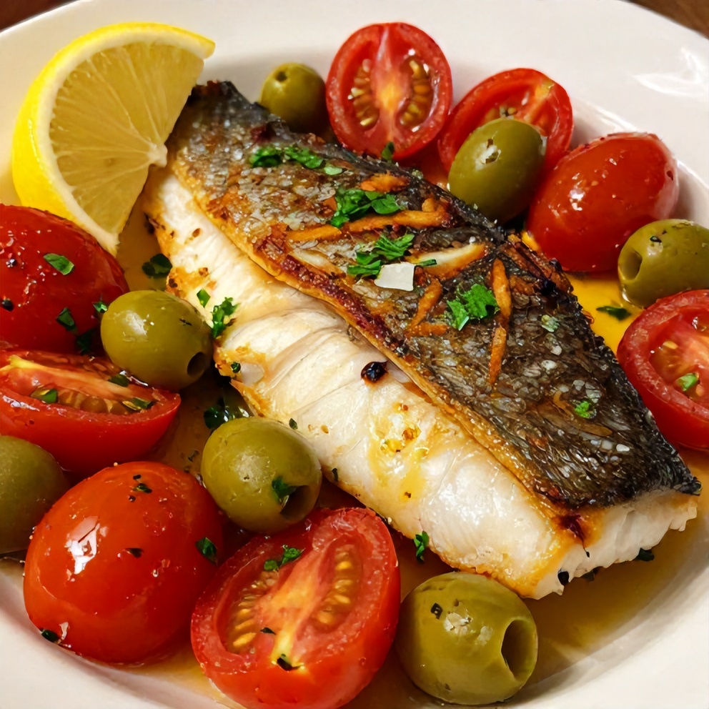 Plated baked sea bass with olives and cherry tomatoes