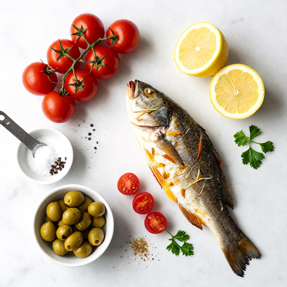 Raw ingredients for baked sea bass with olives and cherry tomatoes