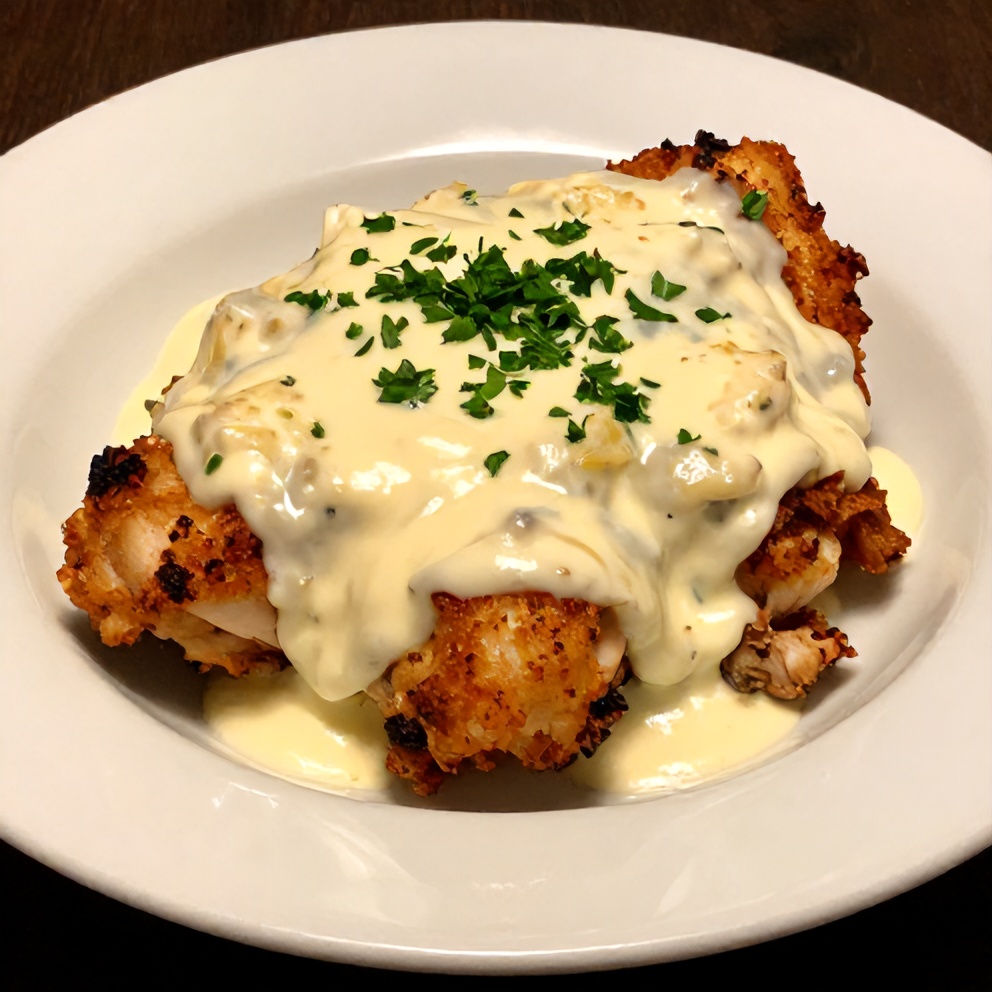 Plated sour cream and onion chicken with parsley garnish