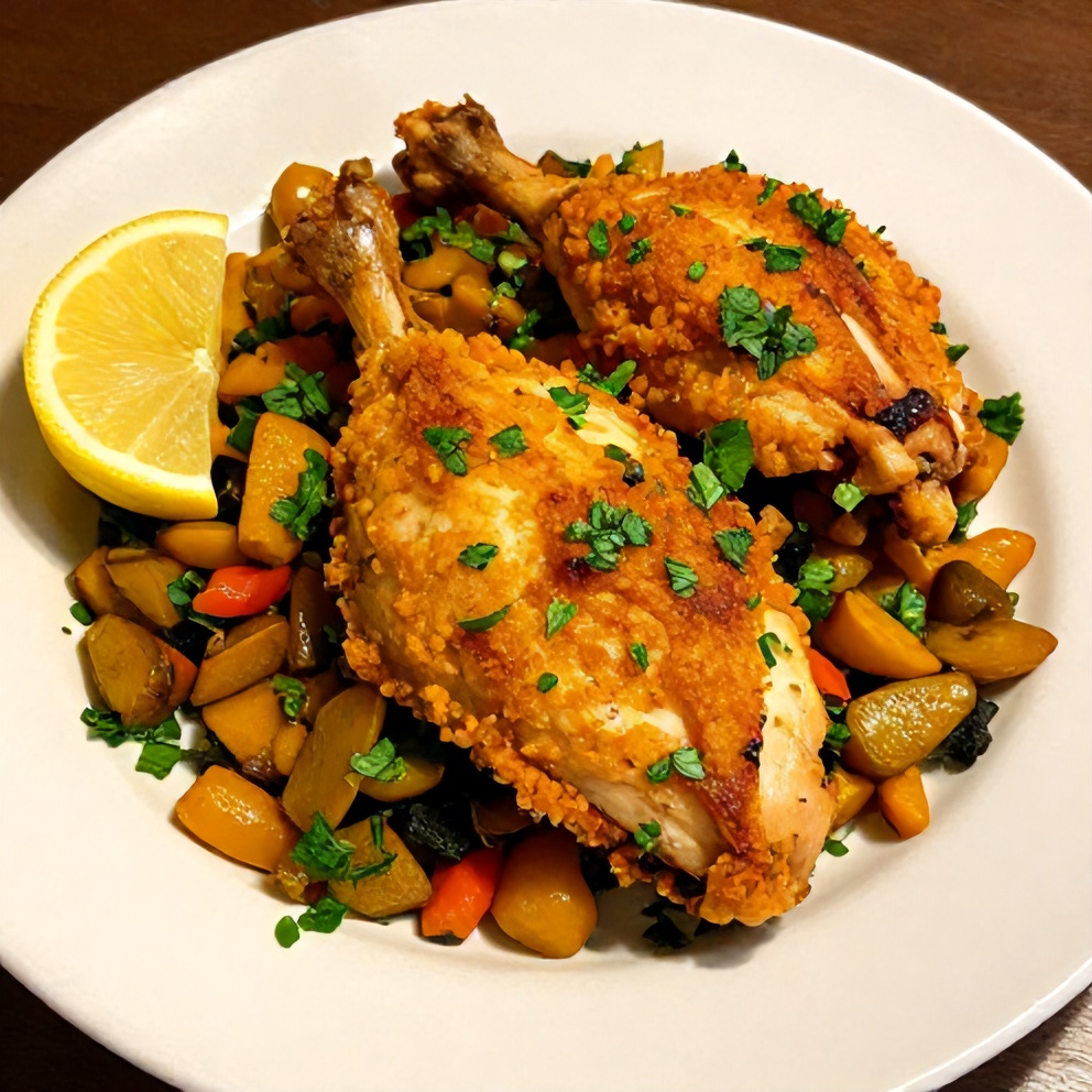 Plated serving of easy baked turmeric chicken with spring vegetables