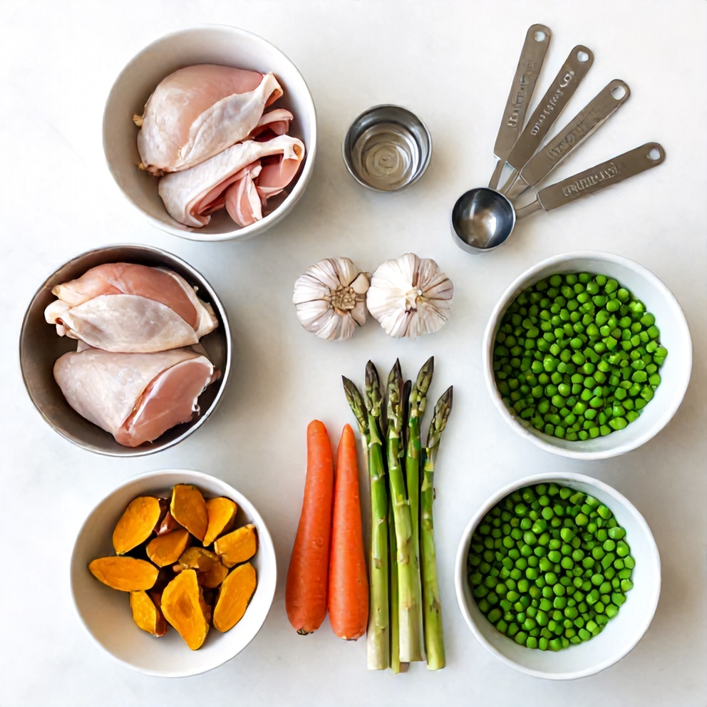 Raw ingredients for easy baked turmeric chicken with spring vegetables