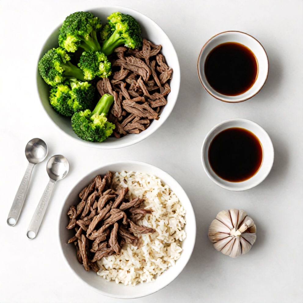 Overhead flat lay of beef, broccoli, rice, soy sauce, garlic, and other ingredients for Beef and Broccoli Rice Bowls on a white marble surface with bright even light.