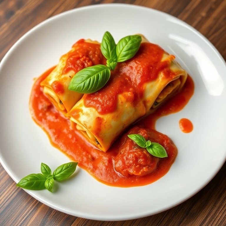 Perfectly plated beef pepperoni lasagna roll-ups with fresh basil on a white ceramic plate, warm side lighting highlighting the cheese and sauce.