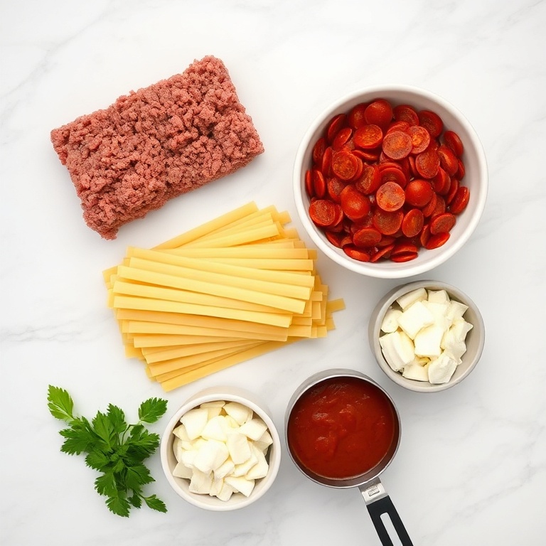 Overhead flat lay of ground beef, pepperoni, lasagna noodles, mozzarella, and tomato sauce with measuring tools and bowls, on a white marble surface.