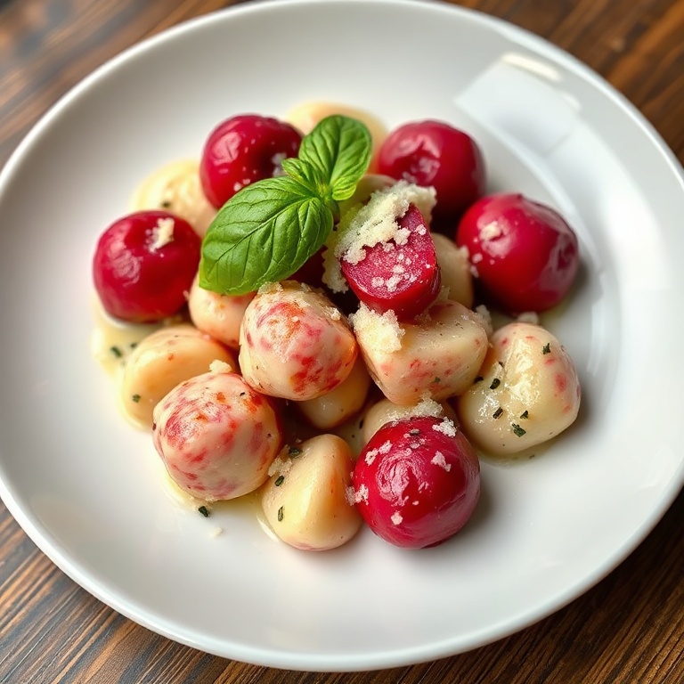Perfect plated serving of beet ricotta gnocchi. Topped with fresh basil and parmesan. White ceramic plate with warm lighting.