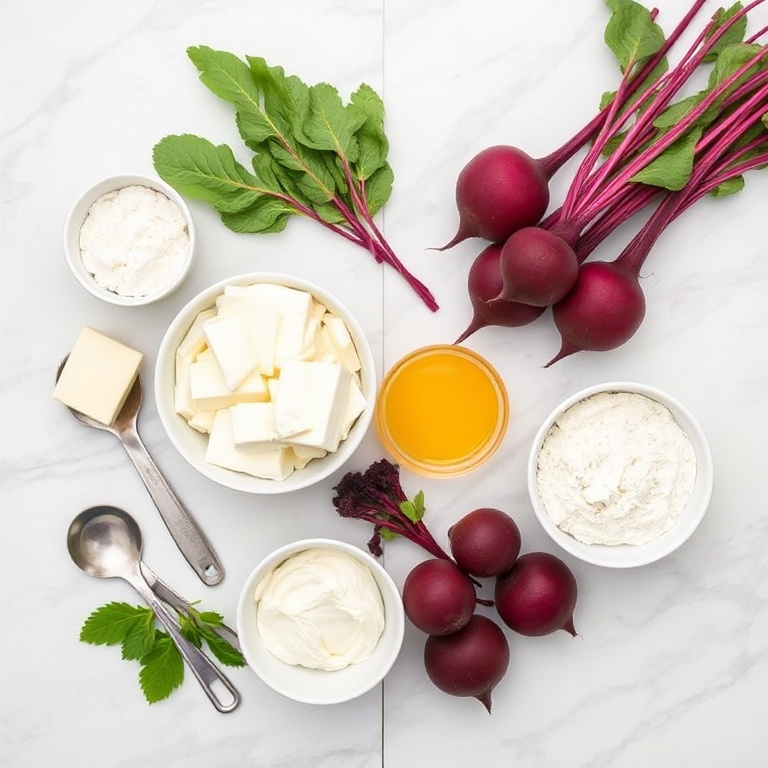 Fresh beets, ricotta, flour, butter, and eggs arranged in an overhead flat lay. Measuring spoons and bowls visible. White marble surface.