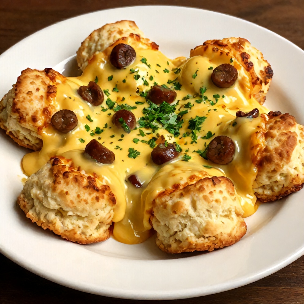 Plated Biscuits and Sausage Gravy Breakfast Pizza