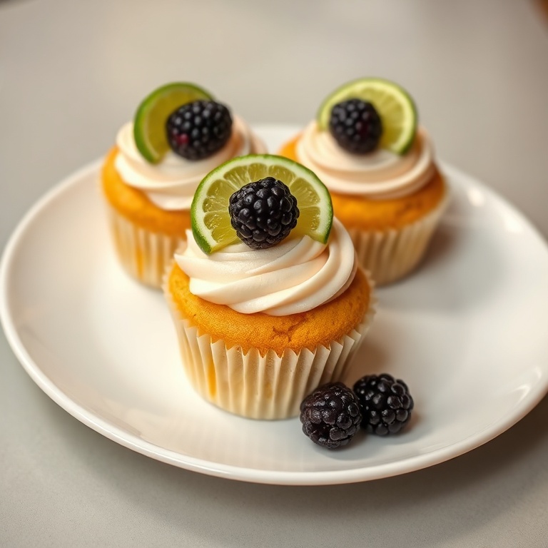 Perfectly plated cupcakes with a lime wedge and blackberry on top. A white porcelain plate with warm side lighting showing the texture.
