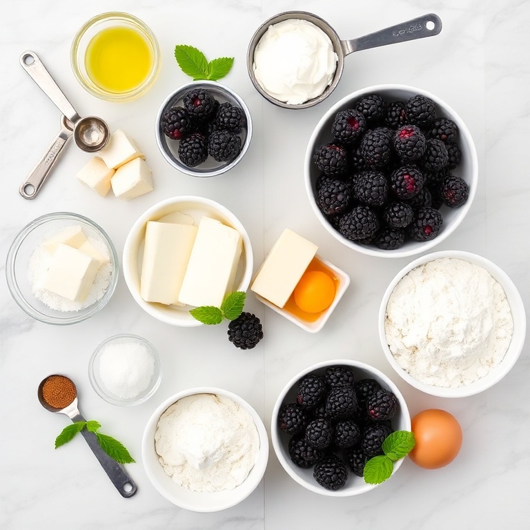 Fresh blackberries, lime zest, cream cheese, sugar, flour, butter, and eggs arranged in a flat lay. Measuring spoons and bowls visible on a white marble surface.