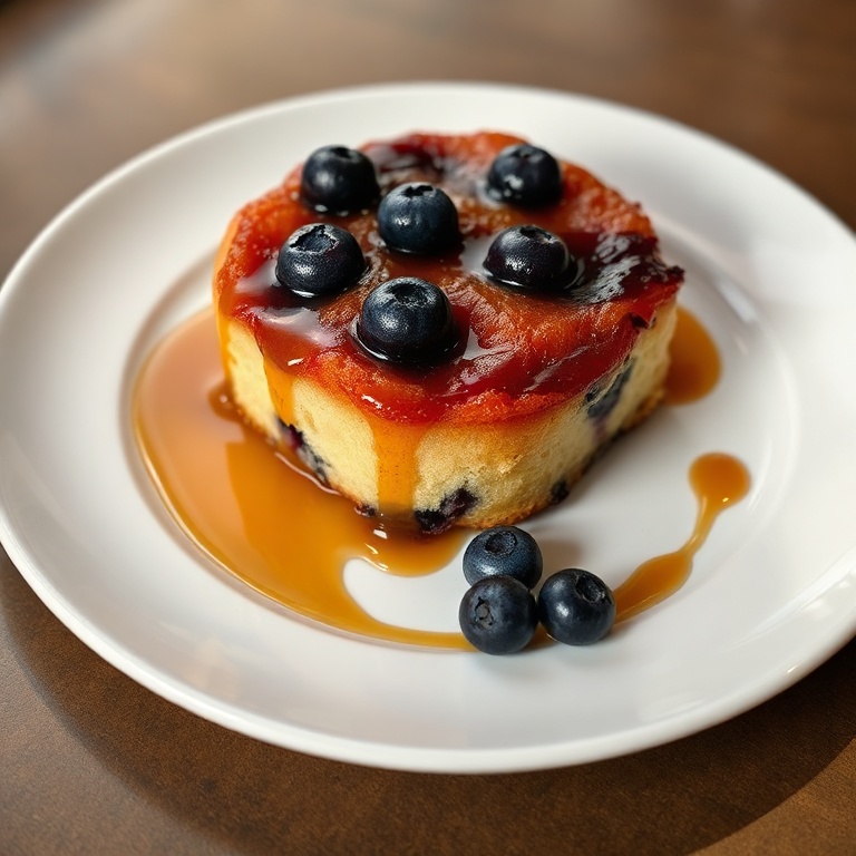 Perfectly plated blueberry upside down cake with a drizzle of caramel sauce. White porcelain plate. Warm side lighting. Photorealistic food photography. No text. No watermark.
