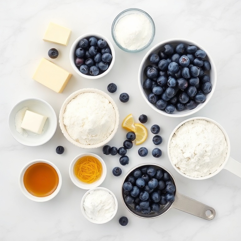 Blueberries, butter, sugar, flour, baking powder, vanilla extract, and lemon zest arranged in an overhead flat lay. Measuring cups and spoons visible. White marble surface. Bright even light. Photorealistic food photography. No text. No watermark.