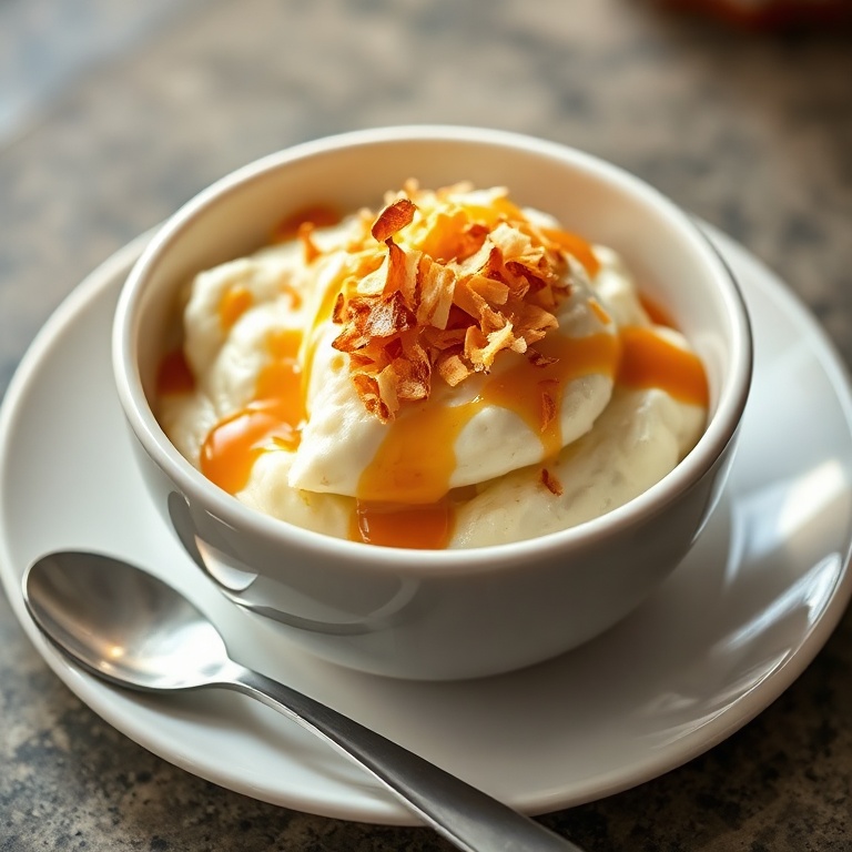 Perfectly plated Brazilian coconut pudding in a white ceramic bowl. Topped with toasted coconut flakes and a drizzle of caramel sauce. Warm side lighting highlighting texture. Photorealistic food photography.