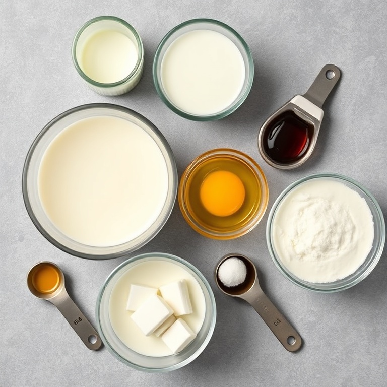 Raw ingredients for Brazilian coconut pudding arranged in an overhead flat lay. Coconut milk, condensed milk, eggs, sugar, and vanilla extract. Measuring spoons and bowls visible. Bright even light. Photorealistic overhead food photography.