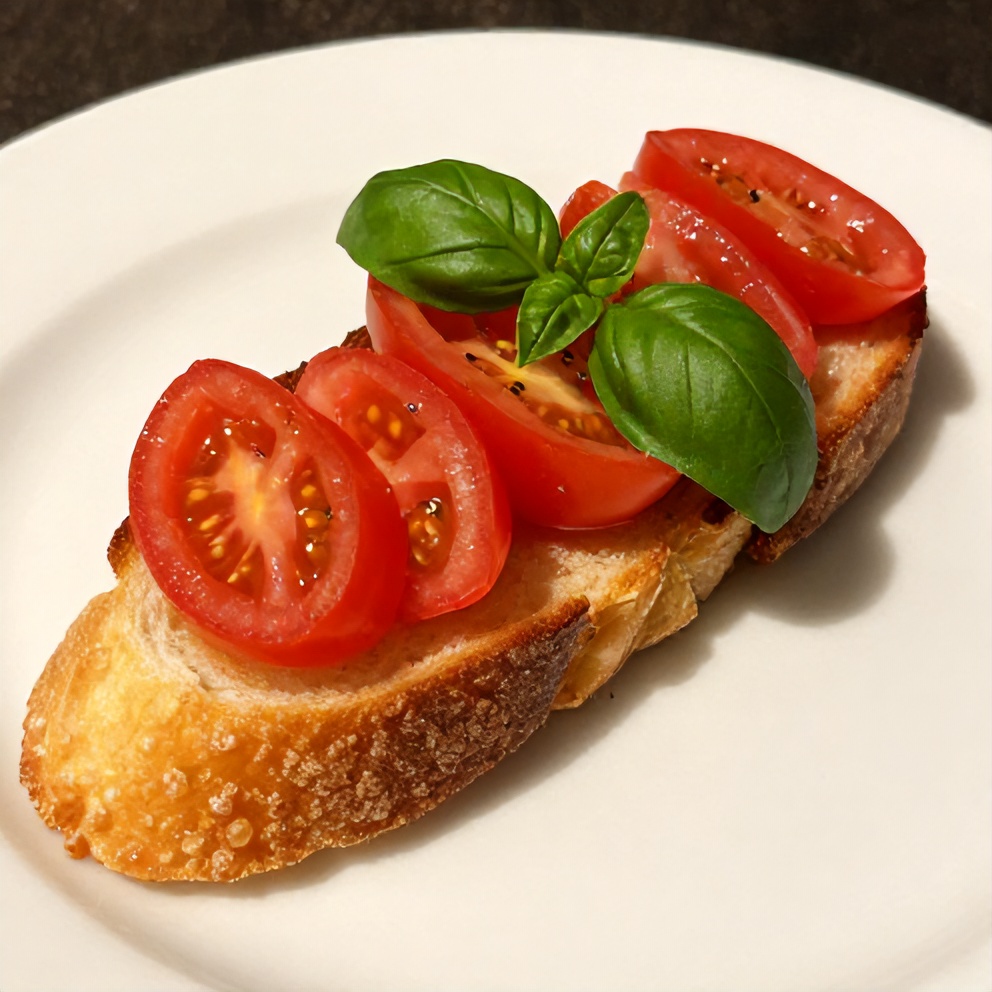 Plated Easy Bruschetta with Heirloom Tomatoes and Fresh Basil