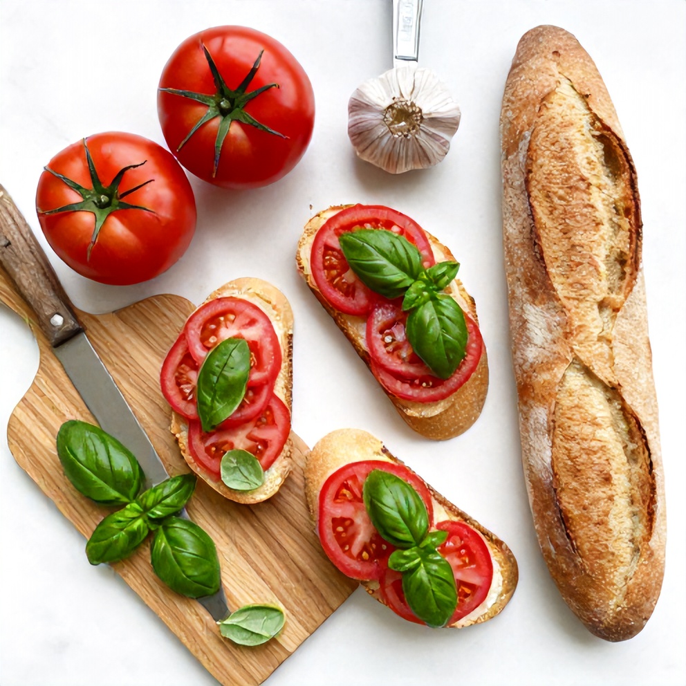 Raw Ingredients for Easy Bruschetta with Heirloom Tomatoes and Fresh Basil