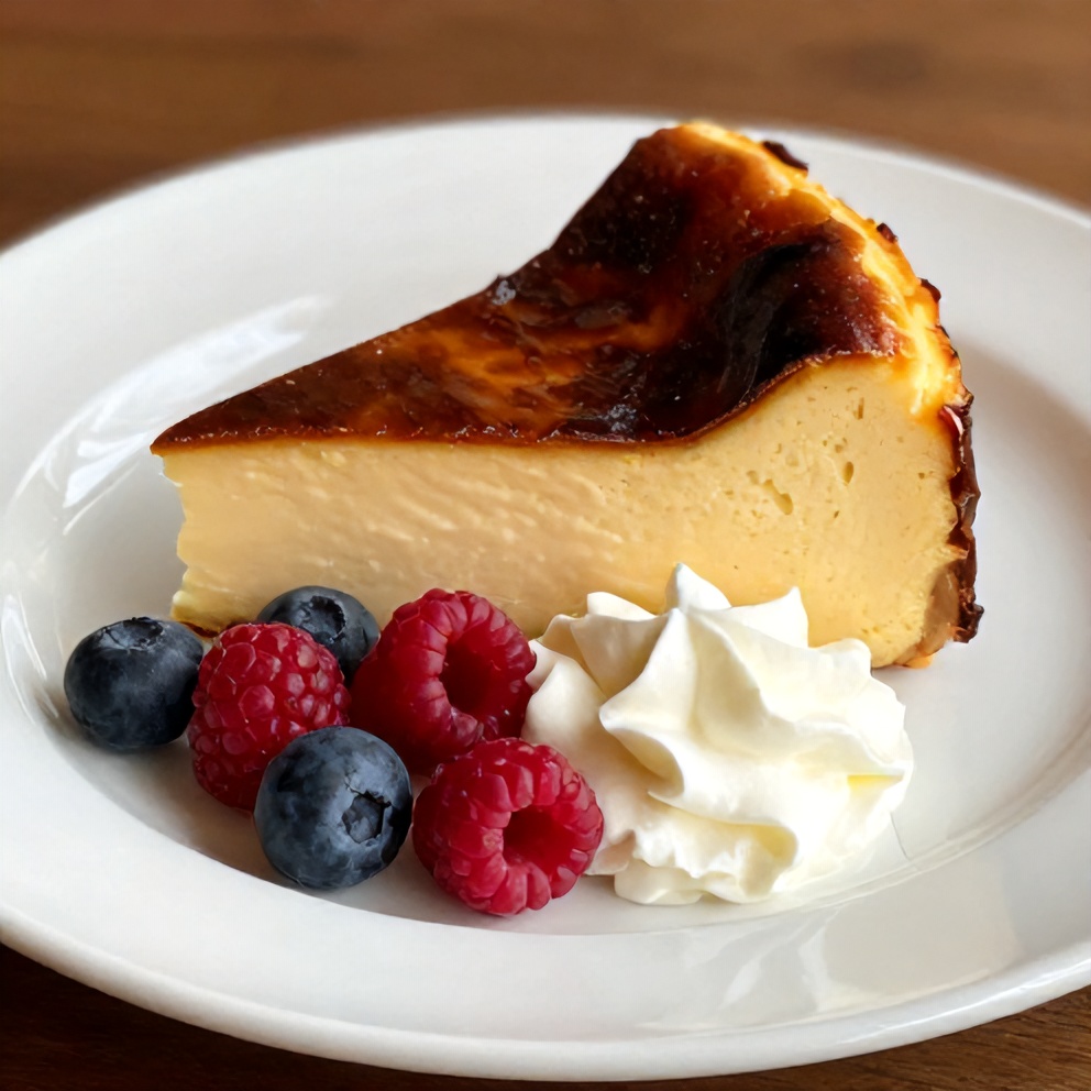 Sliced burnt Basque cheesecake on a plate
