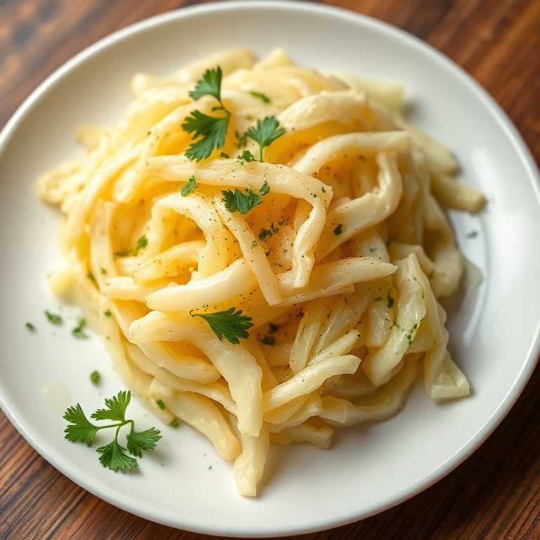 Crispy cabbage on a white plate with a sprinkle of parsley and a drizzle of butter
