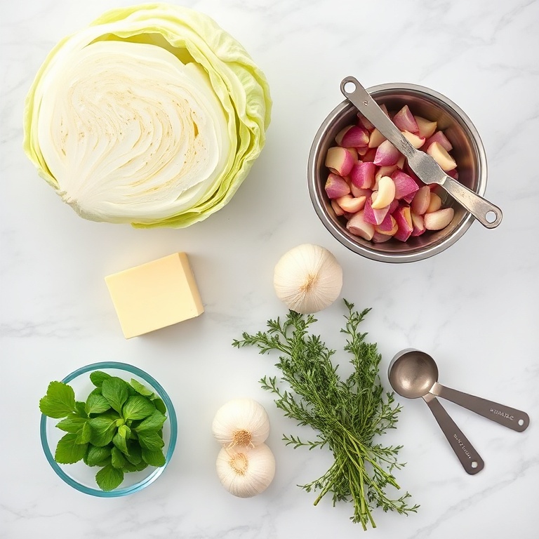 Fresh cabbage, butter, garlic, onions, and thyme neatly arranged on a white marble countertop