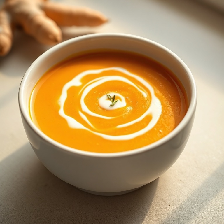 A single bowl of creamy carrot ginger soup with a swirl of cream and fresh ginger, warm side lighting, white ceramic bowl, photorealistic food photography style