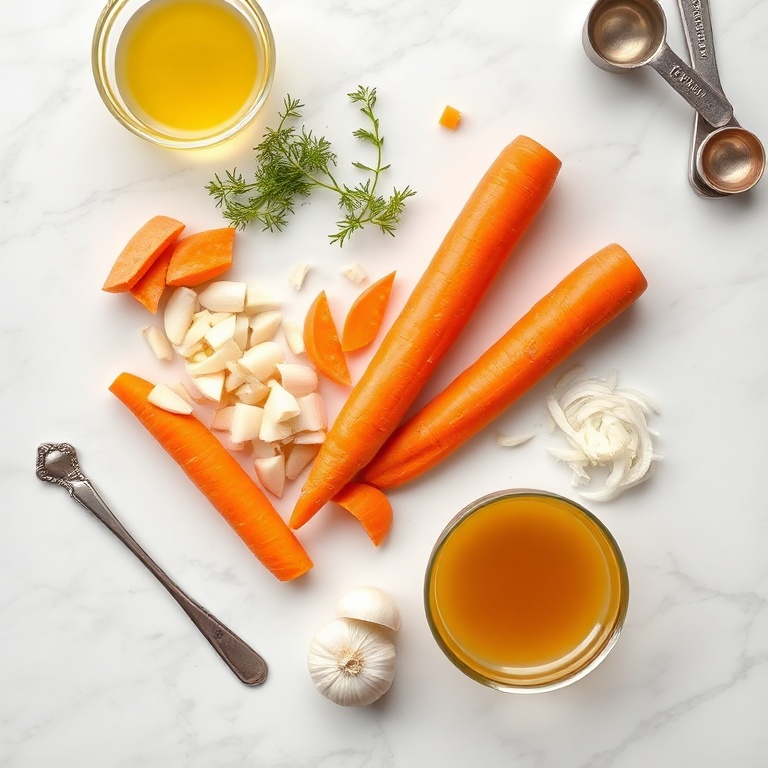 Overhead flat lay of carrots, fresh ginger, onion, garlic, vegetable broth, cream, and a small spoon, white marble surface, bright even light, photorealistic food photography style