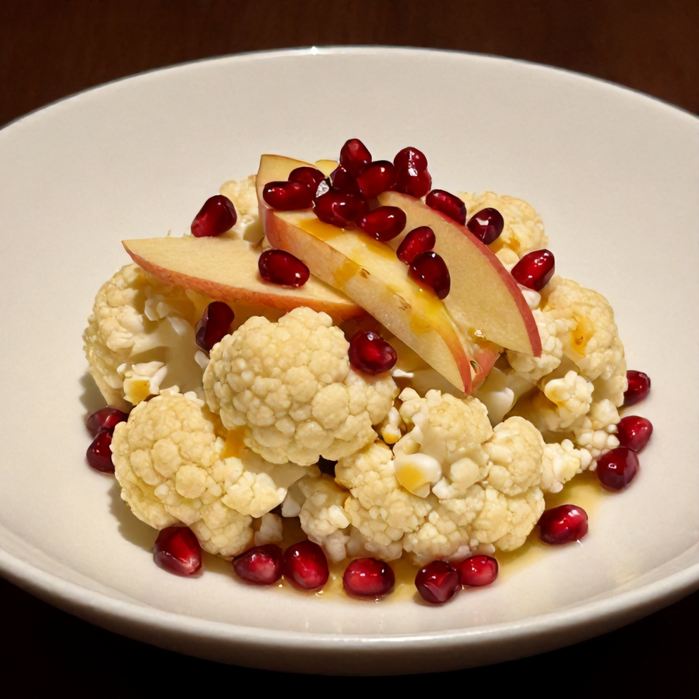 A perfectly plated cauliflower salad in a white ceramic bowl. Topped with pomegranate seeds and apple slices. A drizzle of dressing on top. Warm side lighting highlights the textures.