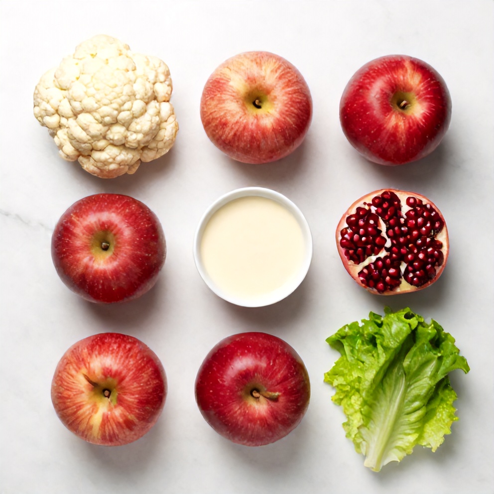 Fresh cauliflower, crisp red apples, pomegranate seeds, green lettuce, and a small bowl of dressing. All arranged in a neat overhead flat lay on a white marble surface.