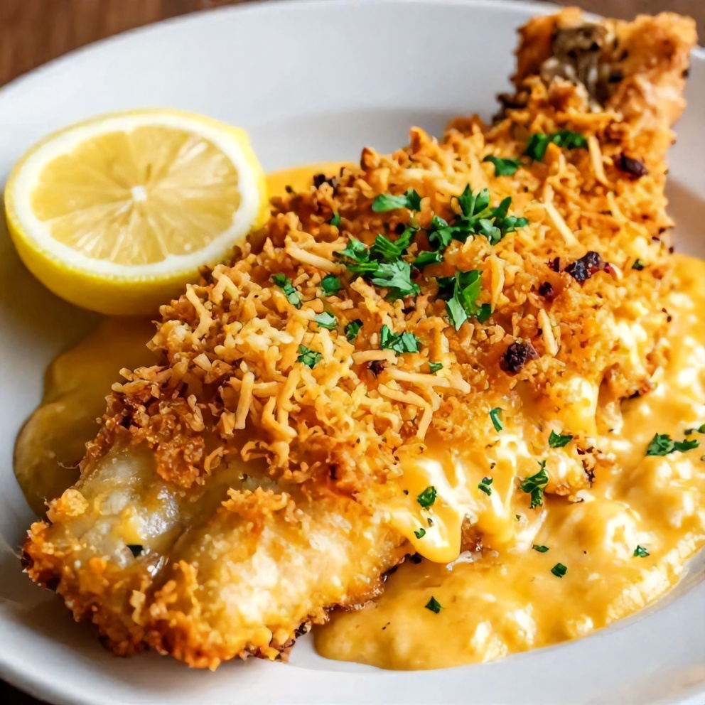 Plated Cheesy Baked Halibut with lemon wedge