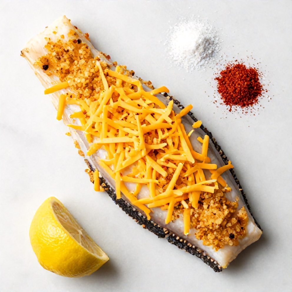 Halibut, cheese, breadcrumbs, and seasonings laid out