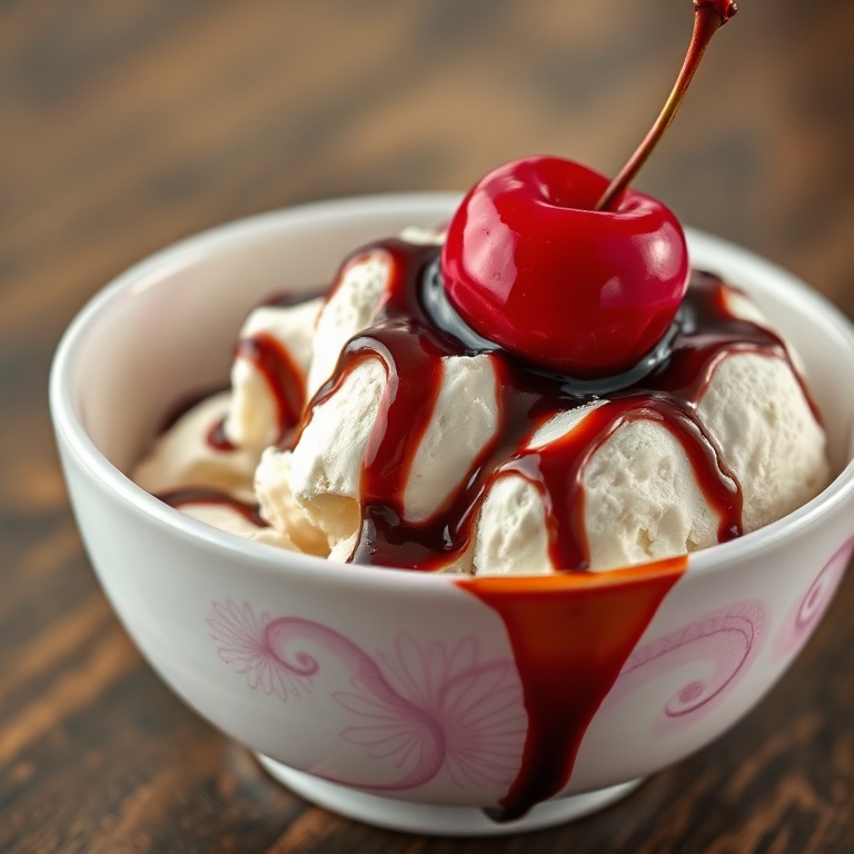 A bowl of cherry Garcia nice cream with a cherry on top and a drizzle of chocolate sauce
