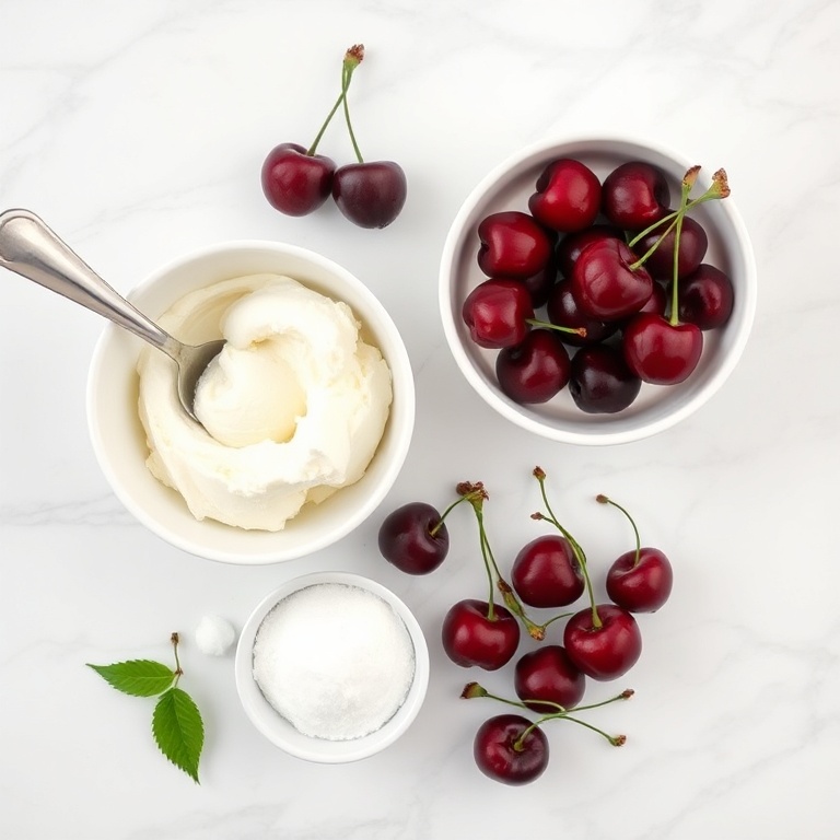 Fresh cherries, vanilla ice cream, sugar, and a mixing bowl with a spoon