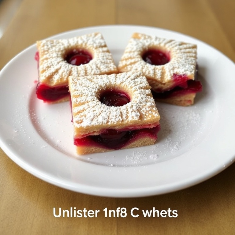Perfectly plated cherry pie bars with a dusting of powdered sugar. White ceramic plate. Warm side lighting highlighting texture.
