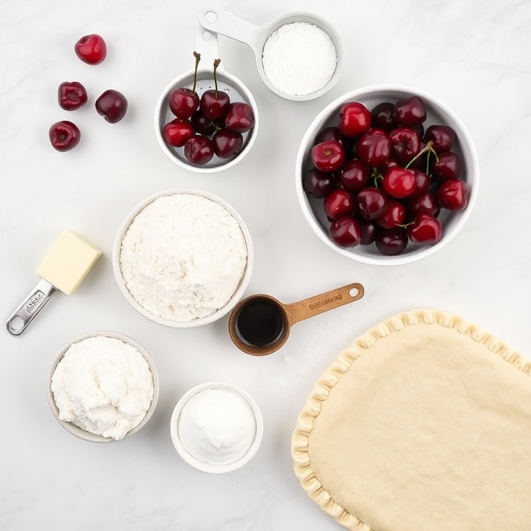 Overhead flat lay of cherry pie bars ingredients. Fresh cherries, flour, sugar, butter, and pie crust. Measuring spoons and cups visible. White marble surface. Bright even light.