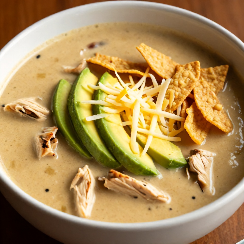 Bowl of Chicken Enchilada Soup with avocado, tortilla strips, and shredded cheese