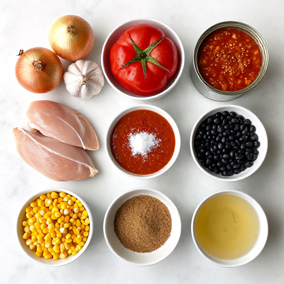 Raw ingredients for Chicken Enchilada Soup: chicken, onions, garlic, canned tomatoes, enchilada sauce, corn, black beans, tortilla chips