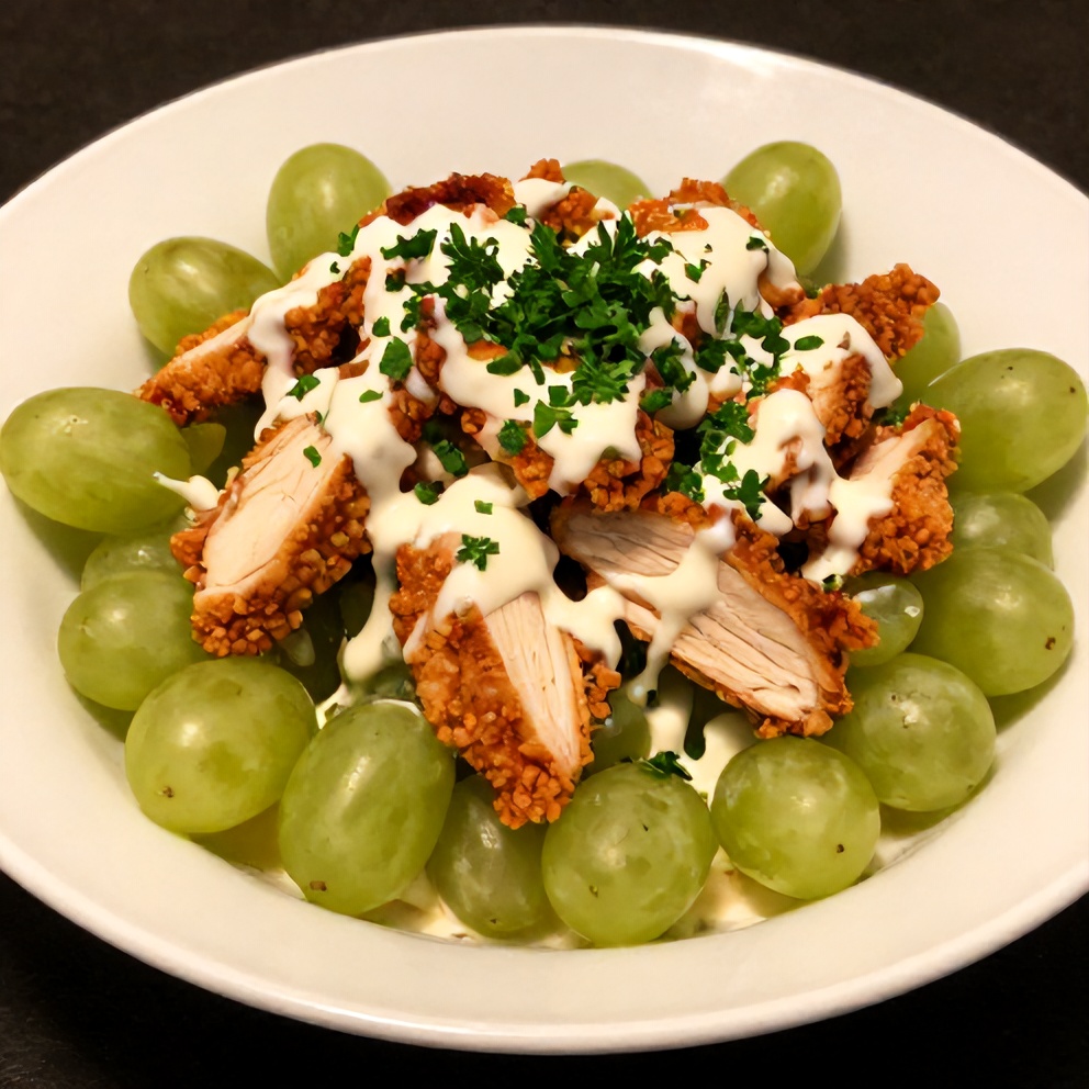 Plated Chicken Grape Salad with crispy chicken, juicy grapes, and creamy dressing