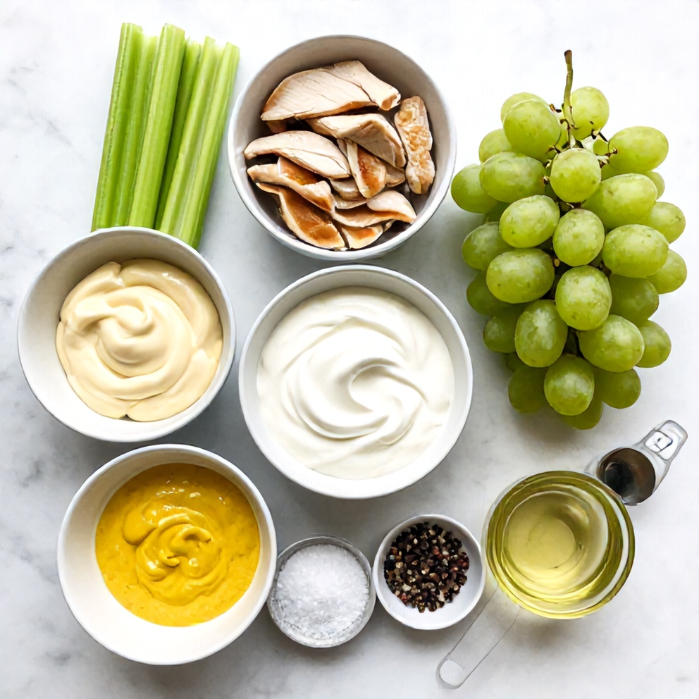 Raw ingredients for Chicken Grape Salad: chicken, grapes, celery, mayo, Greek yogurt, etc.