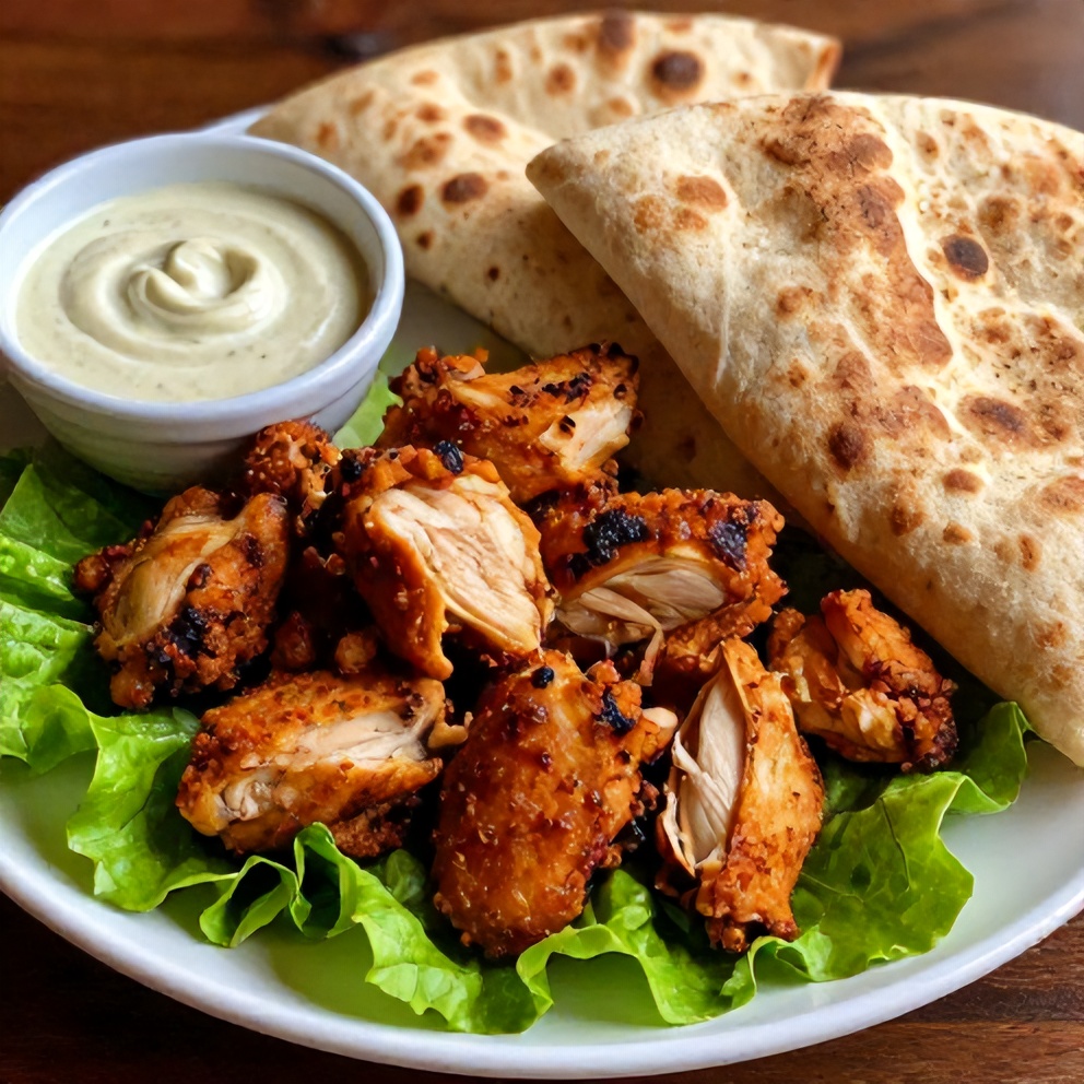 Chicken Shawarma served on a platter with pita bread and tahini sauce