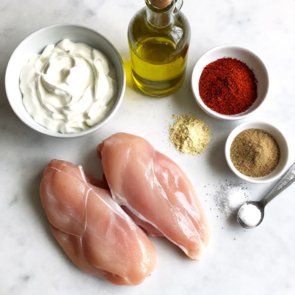 Raw ingredients for Chicken Shawarma including chicken, spices, yogurt, and pita bread