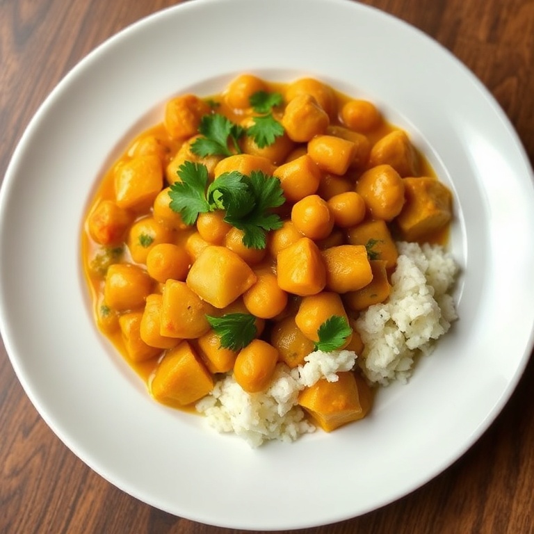 A single serving of creamy chickpea and potato curry with fresh cilantro on a white plate