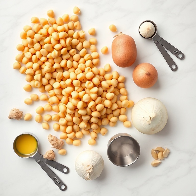 Raw chickpeas, potatoes, onions, garlic, and ginger arranged in a flat lay with measuring tools nearby
