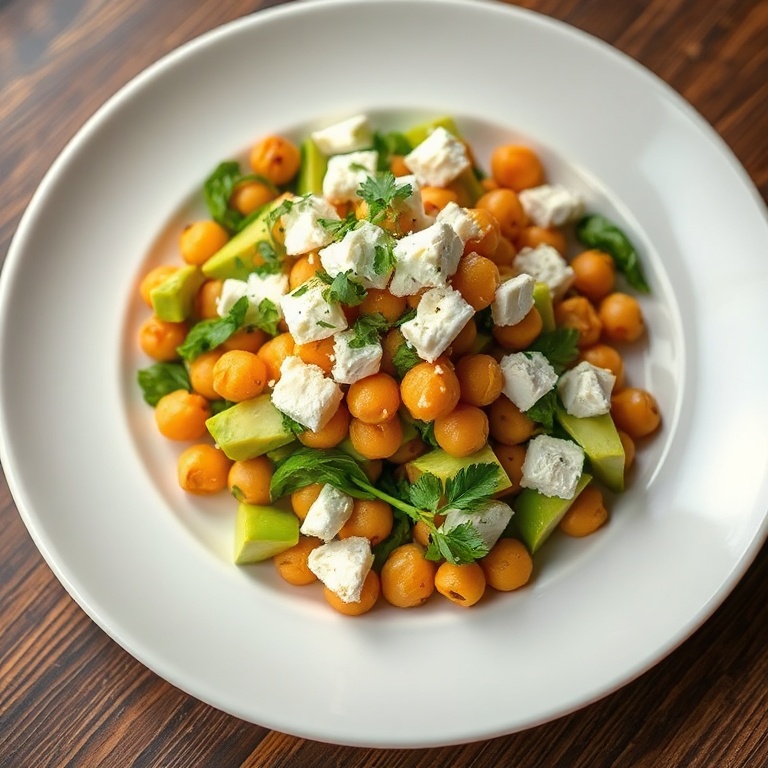 A perfect plated serving of the chickpea feta avocado salad. Topped with extra feta and fresh herbs. Served on a white ceramic plate. Warm side lighting. Photorealistic food photography. No text. No watermark.