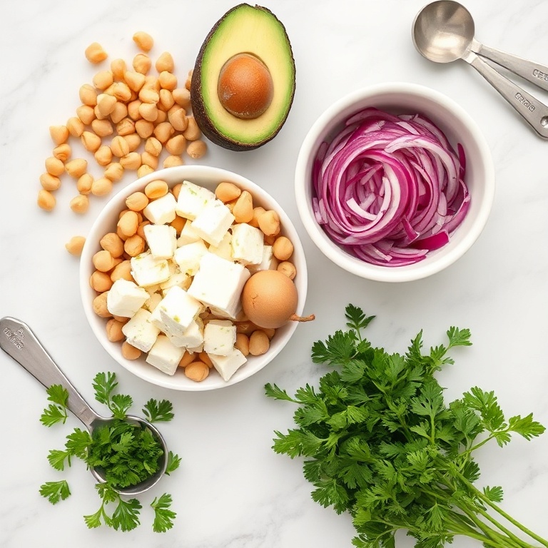 Raw ingredients for the salad: chickpeas, feta cheese, avocado, red onion, and fresh herbs. Measuring spoons and bowls nearby. White marble surface. Bright even light. Photorealistic overhead food photography. No text. No watermark.