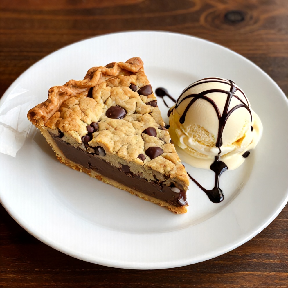 Sliced chocolate chip cookie pie on a white plate