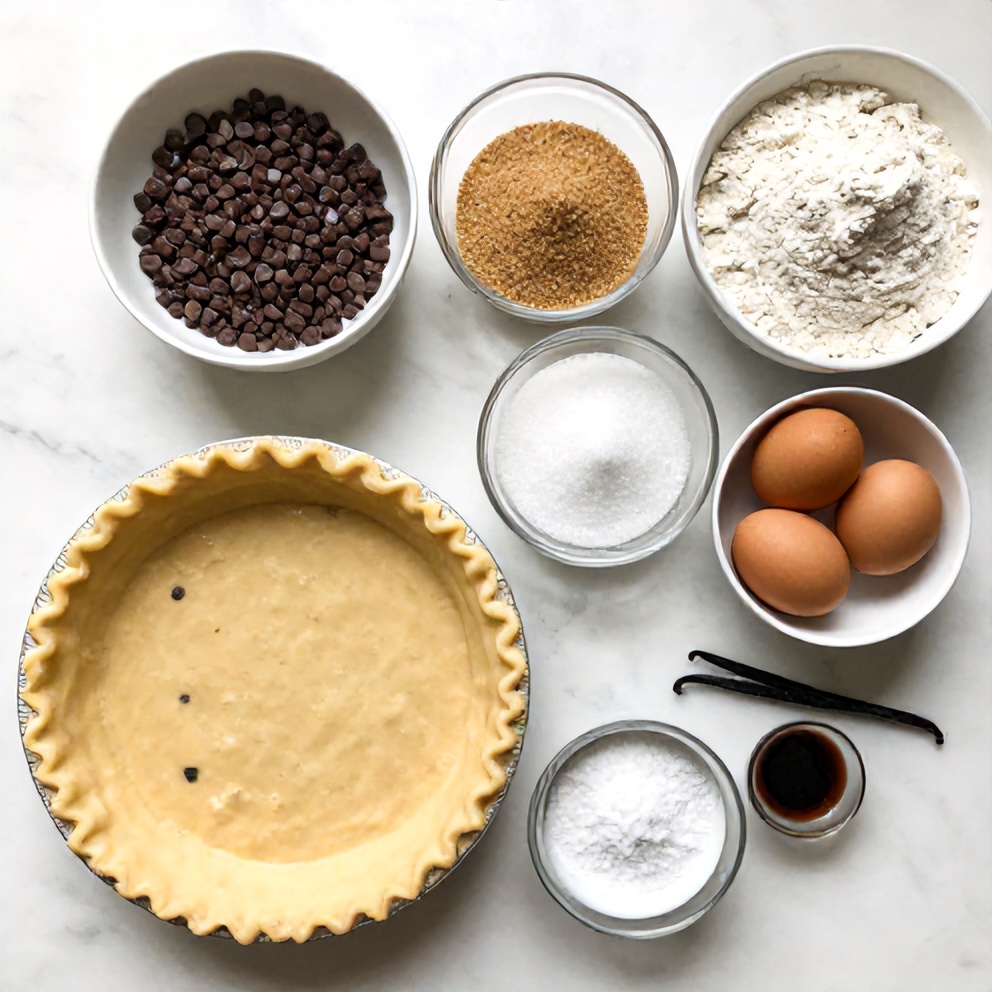Chocolate chip cookie pie ingredients on a white marble surface