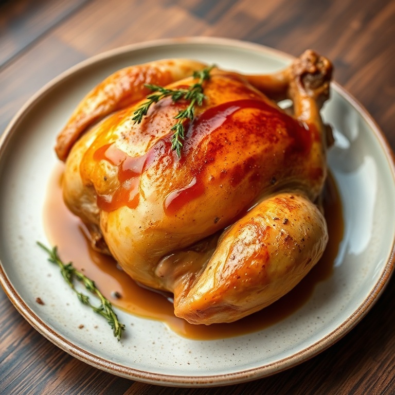 Plated roast chicken with maple glaze and thyme garnish. Ceramic plate with crispy edges. Warm side lighting showing texture.