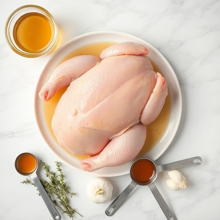 Raw chicken, apple cider, maple syrup, garlic, thyme. Overhead flat lay on white marble surface. Measuring spoons and bowls visible.