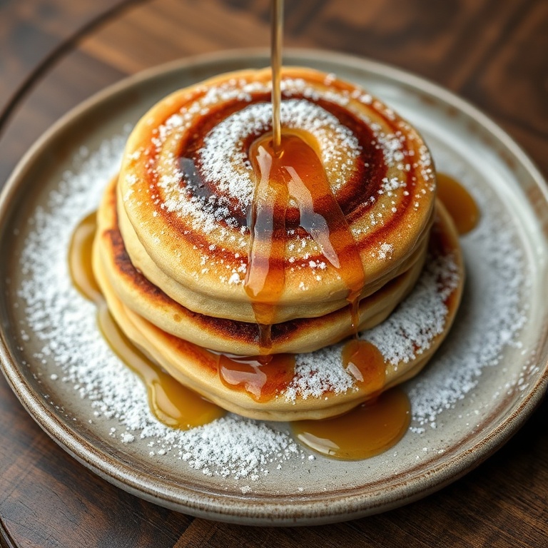 Perfectly plated cinnamon roll pancake with a dusting of powdered sugar and a drizzle of maple syrup. Served on a rustic ceramic plate.