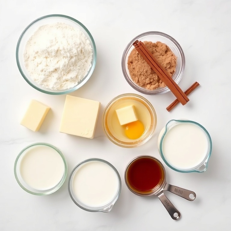 Flour, sugar, cinnamon, butter, eggs, milk, and vanilla extract arranged in an overhead flat lay. Measuring cups and spoons nearby on a white marble surface.